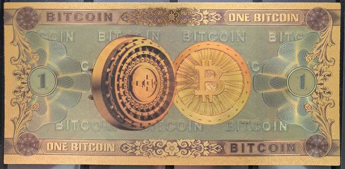 BITCOIN Gold Plated Souvenir COIN & Gold Foil Banknote combo - BEAUTIFUL GIFT - See 5 pictures