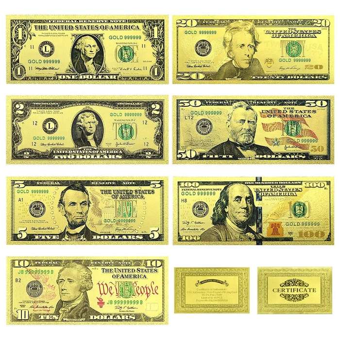 USA DOLLAR GOLD FOIL BANKNOTES - 1,2,5,10,20,50&100 DOLLAR SET - BEAUTIFUL GIFT WITH CERTIFICATE