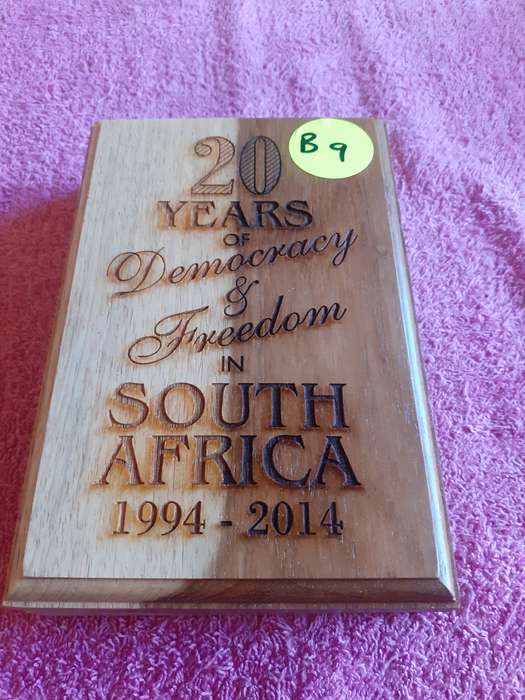 Empty Wooden Coin Holder Box . 20 Years of Democracy and Freedom in South Africa 1994 - 2014
