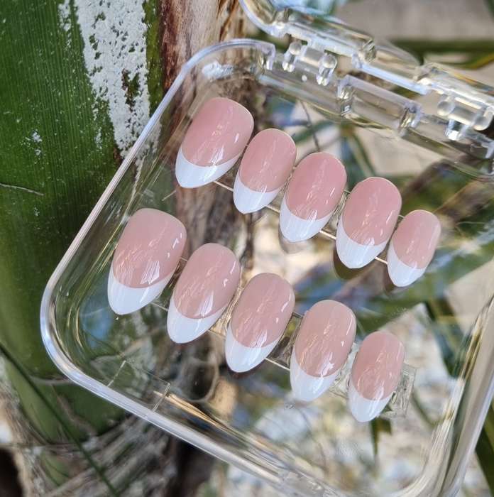 MBF Elegant Almond Press-On Nails - Timeless Nude with Classic French Tip (Small & Medium Sizes)