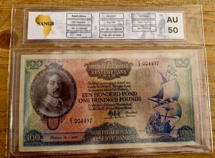1952 South Africa MH De Kock 100 Pounds Graded AU50!!!