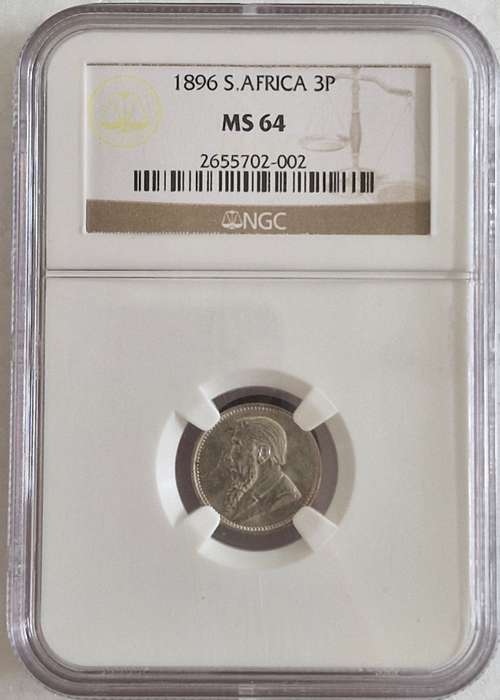 *1896 ZAR Kruger Tickey 3p NGC Graded MS64