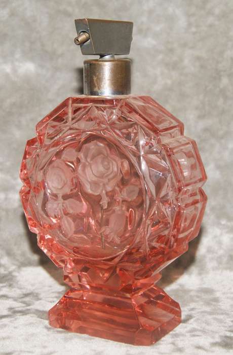 Art Deco hand cut pink glass perfume bottle with rose motif
