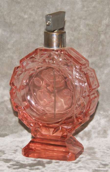 Art Deco hand cut pink glass perfume bottle with rose motif