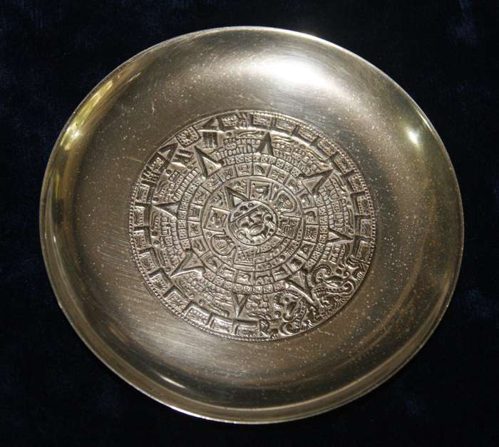 Vintage Mexican silver Aztec Calendar pin dish