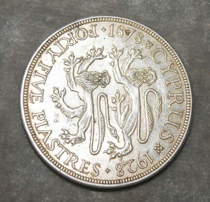 1928 Cyprus 45 Piastres King George 92.5% silver AU