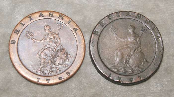 George III Cartwheel Penny 1797 11 Leaf variant with Van Riebeeck replica
