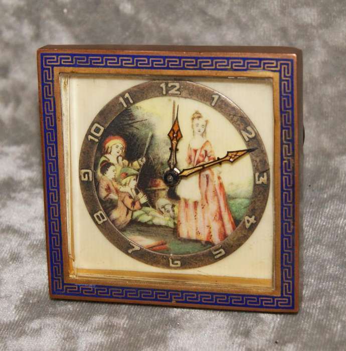 Antique table clock brass and enamel case with hand painted face (untested)