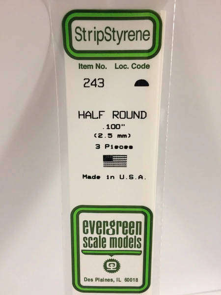 Evergreen Scale Models, 243, Opaque White Polystyrene Half Round (2.5mm) , 0.100"