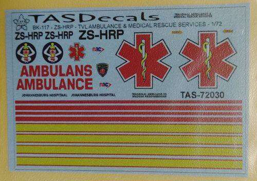 MSA Decals, BK-117 TVL Ambulance & Medical Rescue Services, 72-030,  1/72 Scale