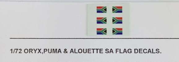 Moria Aranid Decals, SA Flag New Badge, Oryx, Puma & Alouette, ACD-63, Decals, 1/72 Scale