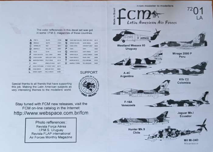 FCM Decals, Latin American Air Forces, No. 72-01LA, Decals, 1/72 Scale