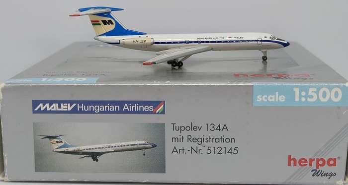 Herpa Wings, Malev Hungarian Airlines, Tupolev 134A, Reg. HA-LBP, 512145, 1,500 Scale