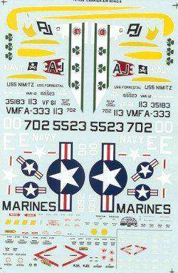 Micro Scale Decals, Carrier Air Wing 8, F9F-8 VF-61, AD-5W VAW-12, F-4J VMFA-333 Decals, No. 72-338,
