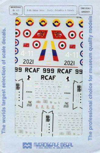 Micro Scale Decals, F-86 Sabre Jets: Italy, Columbia,& Canada, No. 72-425, 1/72 Scale