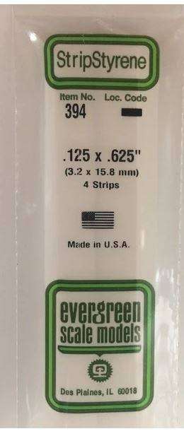 Evergreen Scale Model, #125" X .625" 3.2mm x 15.8mm Opaque White Polystyrene Strip 4 x 24" 60cm