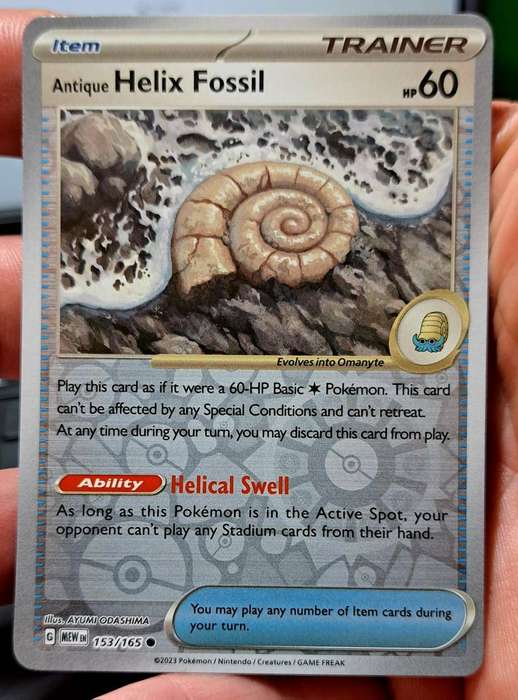 Pokemon Trading Cards - Antique Helix Fossil 153/165 - Reverse Holo - Pokemon 151 Singles - NM