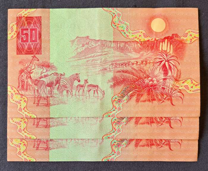 3 × R50 BANK NOTES OF SOUTH AFRICA IN SERIAL NUMBER SEQUENCE **AE 385 E** TO **AE 387 E* NEW * UNC.