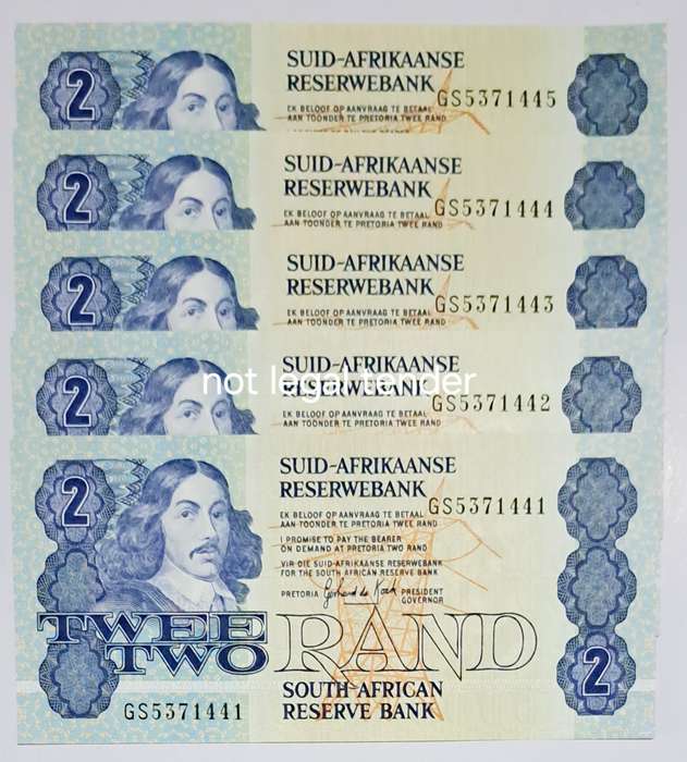 S.A. -5- Two Rand Bank Notes in Serail Number Sequence --GS-5371441 To GS- 5371445. NEW UNC Notes.