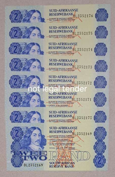8 Two Rand Bank Notes in Serail Number Sequence "BL 2352169 to 2352176 " NEW Notes "
