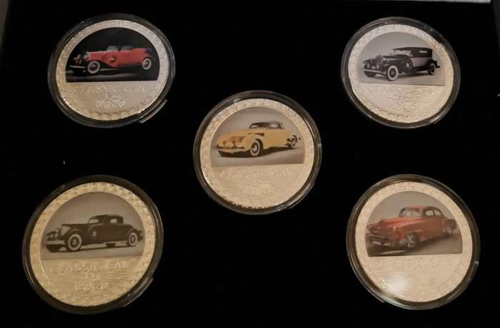 5 pcs Classic Car's Silver Plated Vintage Car Designs "5 Coins" New in Box