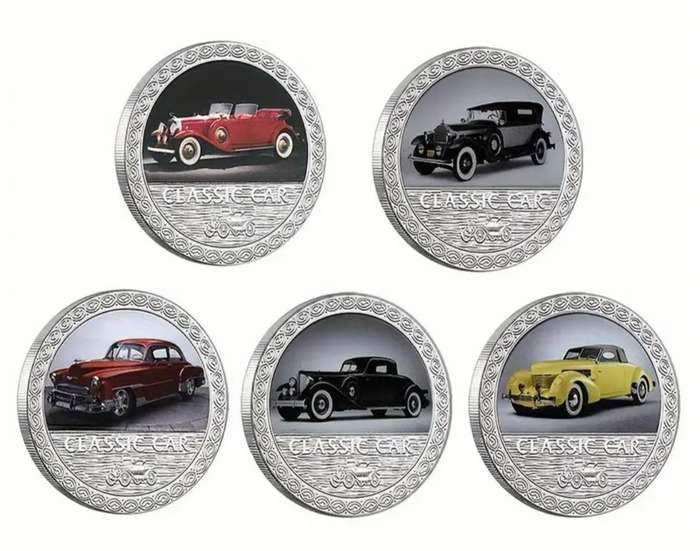 5 pcs Classic Car's Silver Plated Vintage Car Designs "5 Coins" New in Box
