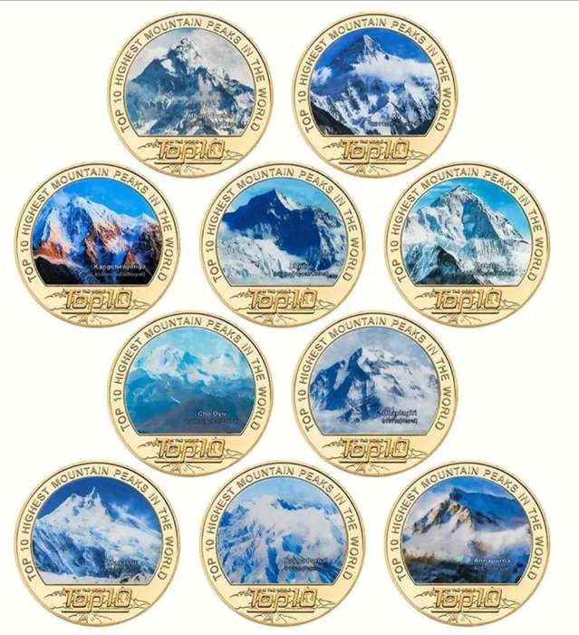 10 pc's World's "Top 10" Highest Peaks Coin Set New .& Velvet Pouch.