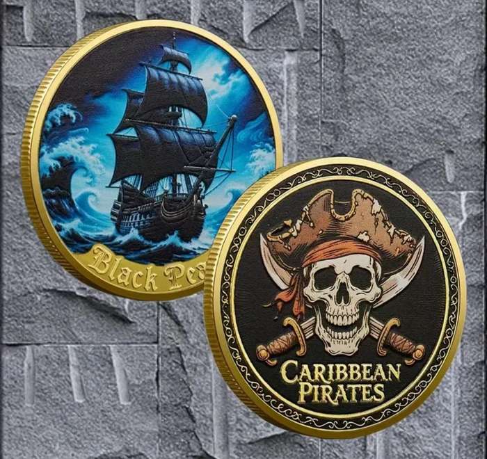 The " Black Pearl " Caribbean Pirate's Ship Commemorative Gold Plated Coin New in Capsule.
