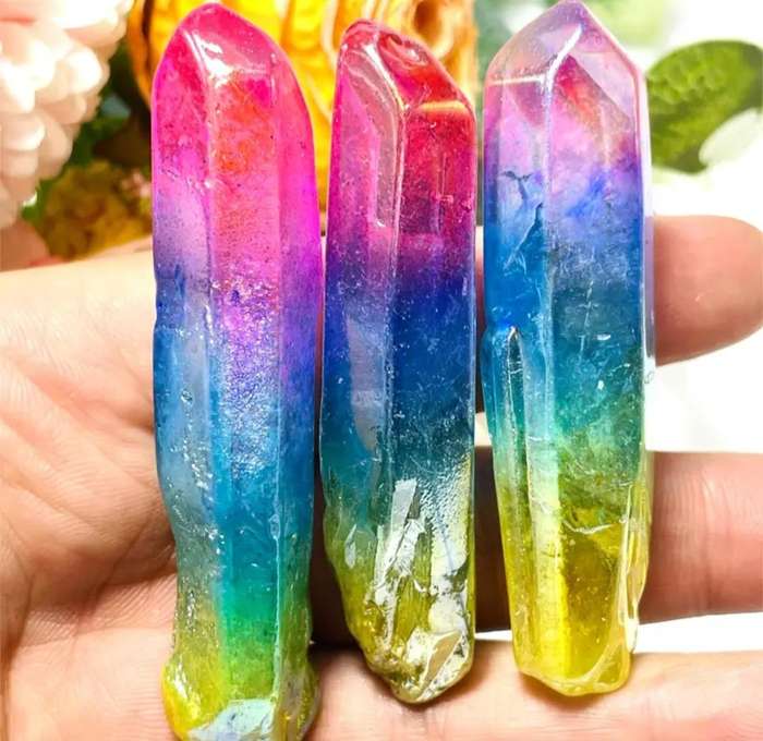3pcs Rainbow Aura Quartz Crystals Gradint Synthetic Gemstones