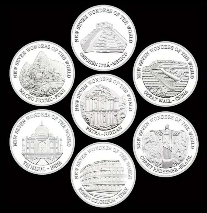 New Seven Wonders of The World "Silvery Plated" 7pc's Coin Set. New in Capsule "Crown Size coins"
