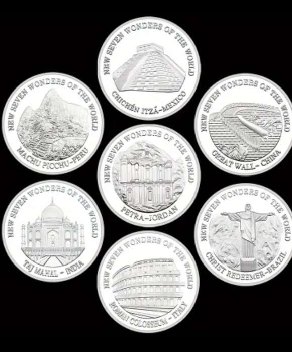 New Seven Wonders of The World "Silvery Plated" 7pc's Coin Set. New in Capsule "Crown Size coins"