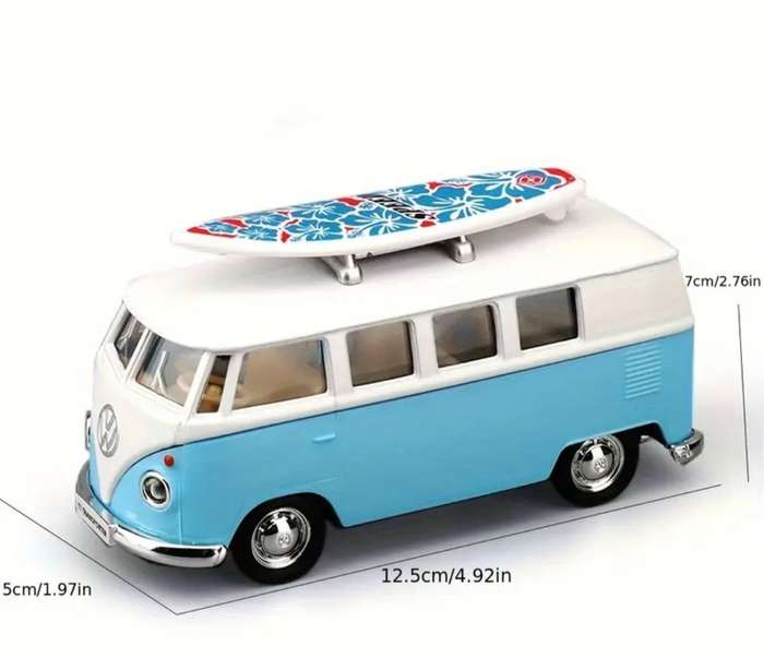 Vintage Volkswagen Bus & Surfboard RMZ City 1:36 Die cast Pullback Model Car. New in Box." BLUE ".