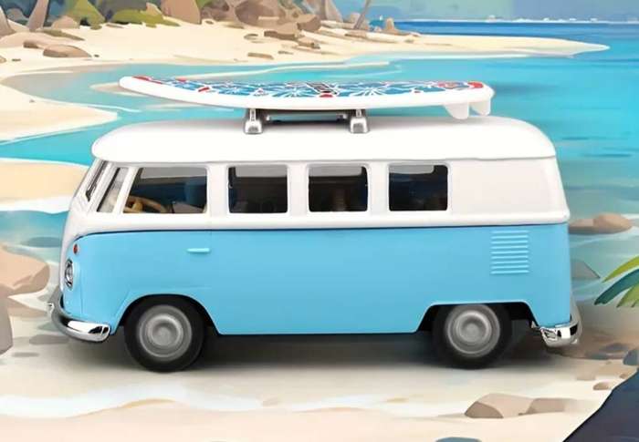 Vintage Volkswagen Bus & Surfboard RMZ City 1:36 Die cast Pullback Model Car. New in Box." BLUE ".