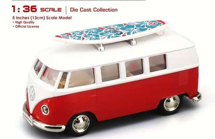 Vintage Volkswagen Bus & Surfboard RMZ City 1:36 Die cast Pullback Model Car. New in Box." Red ".
