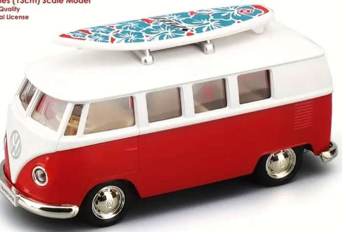 Vintage Volkswagen Bus & Surfboard RMZ City 1:36 Die cast Pullback Model Car. New in Box." Red ".
