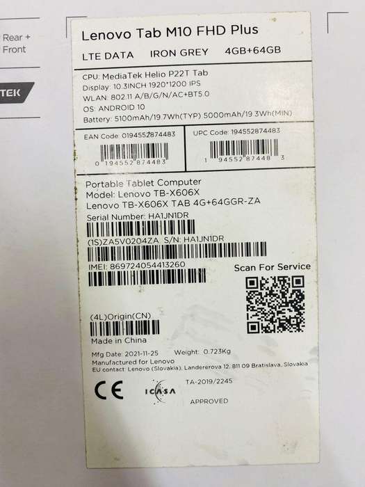 Lenovo Tab M10 FHD Plus TB-X606X 10.3-inch MediaTek Helio P22T 4GB RAM 64GB eMCP4x Android 9 Tablet