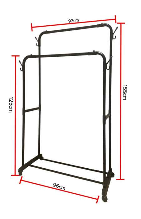 Wheeled Removable Double Pole Clothes Drying Rack- Black