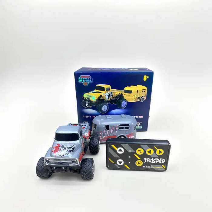 RC Mini Alloy Remote Control Car with a Skull Graffiti Design, with trailer 1:64 scale