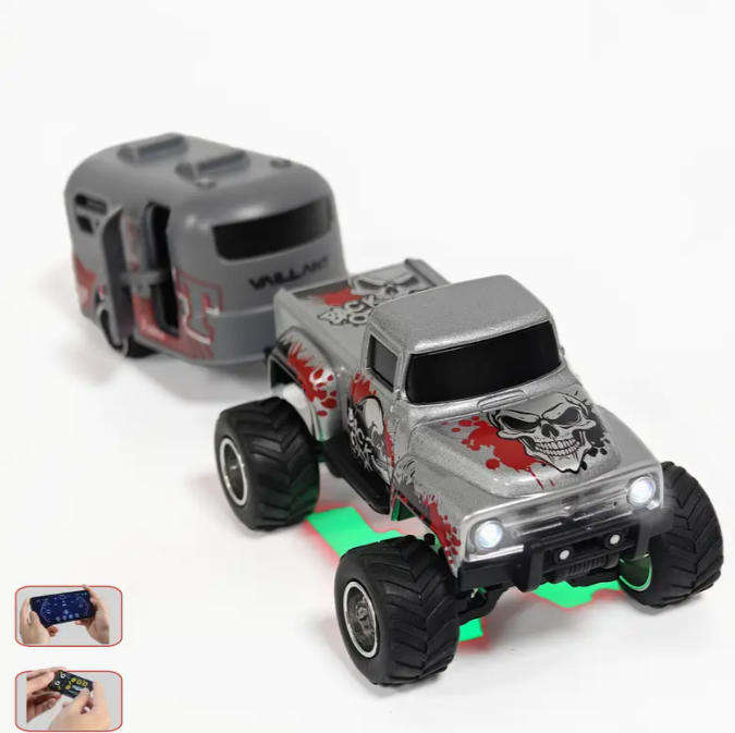 RC Mini Alloy Remote Control Car with a Skull Graffiti Design, with trailer 1:64 scale
