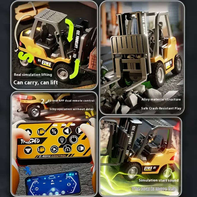 1:64 Alloy RC Forklift Toy Multifunctional Engineering Vehicle Lifting Function Mobile Phone APP