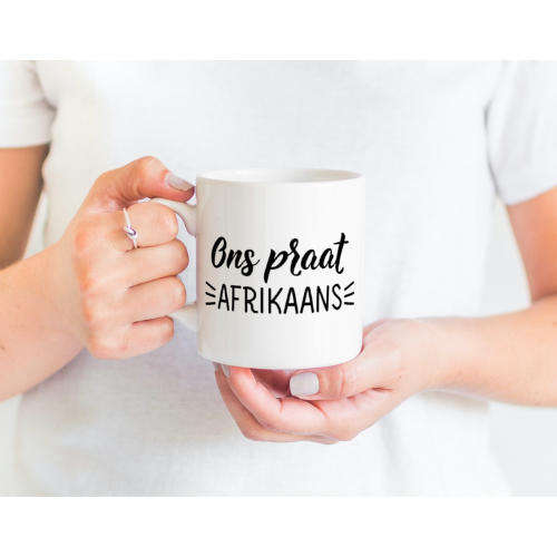 Printed White Ceramic Mug: Ons praat Afrikaans