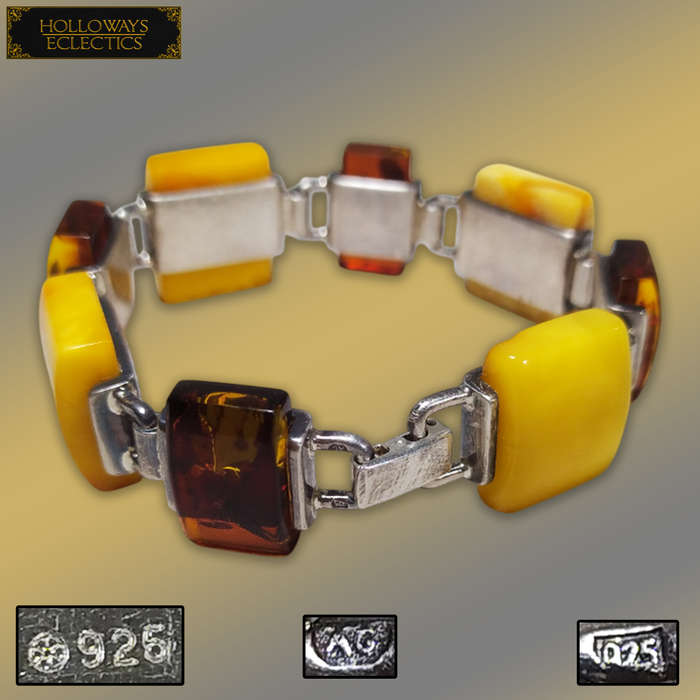 Vintage Natural Baltic Amber And 925 Sterling Silver Bracelet