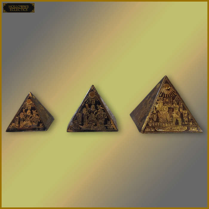 Vintage Etched Revival Brass Pyramid Ornament Set
