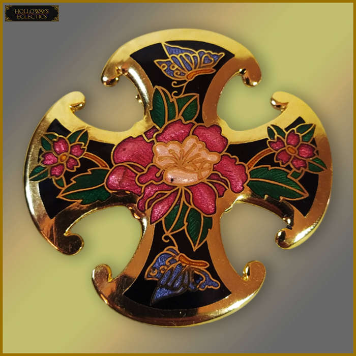 Vintage Gold Plated Japanese Enamel Flower Brooch