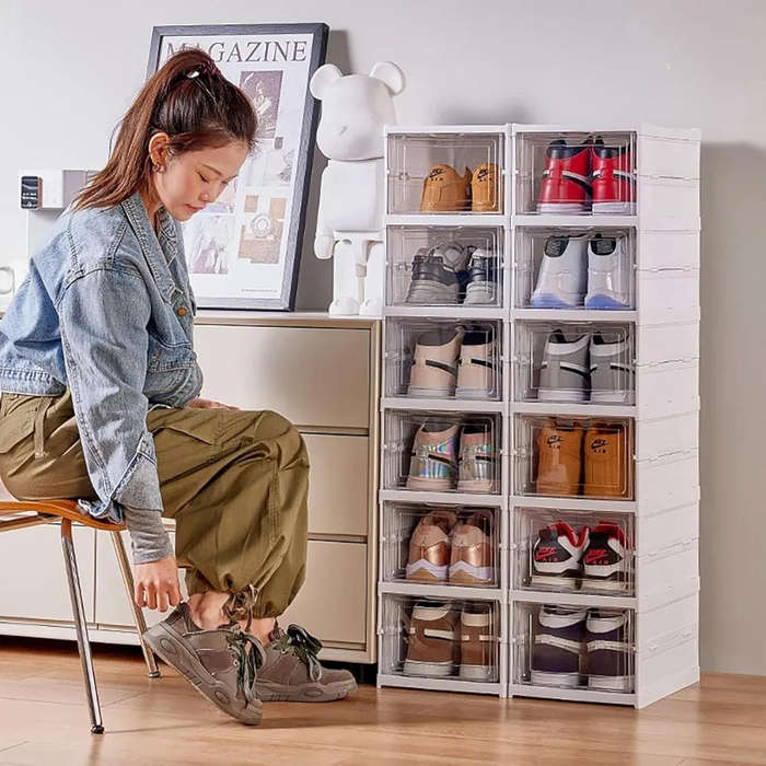 Homecloud Drop Front Foldable Shoe Organizer Collapsible Shoe Rack, Clear-Door Design For Effortless