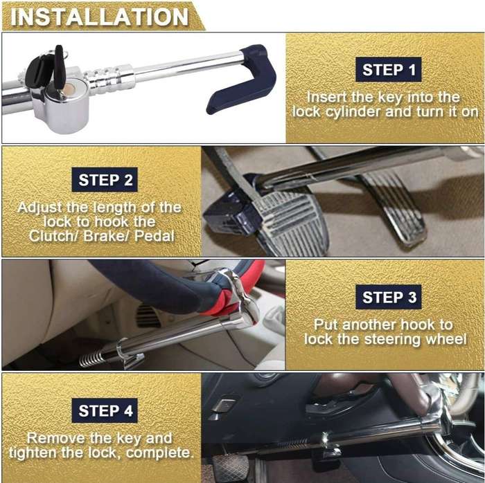 Steering Wheel Brake Pedal Lock Anti Theft Clutch Lock Retractable Double Hook Double Protec