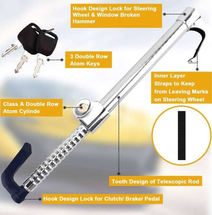 Steering Wheel Brake Pedal Lock Anti Theft Clutch Lock Retractable Double Hook Double Protec