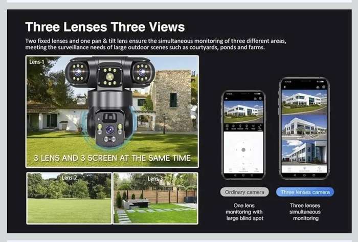 Solar Camera Outdoor Wireless WiFi Three Lens Solar Security Camera 360° Pan & Tilt, No Blind Spots