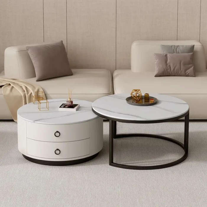 Modern 2 Piece Round Double Storage Marble Nesting Coffee Table Set