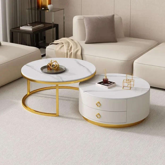 Modern 2 Piece Round Double Storage Marble Nesting Coffee Table Set